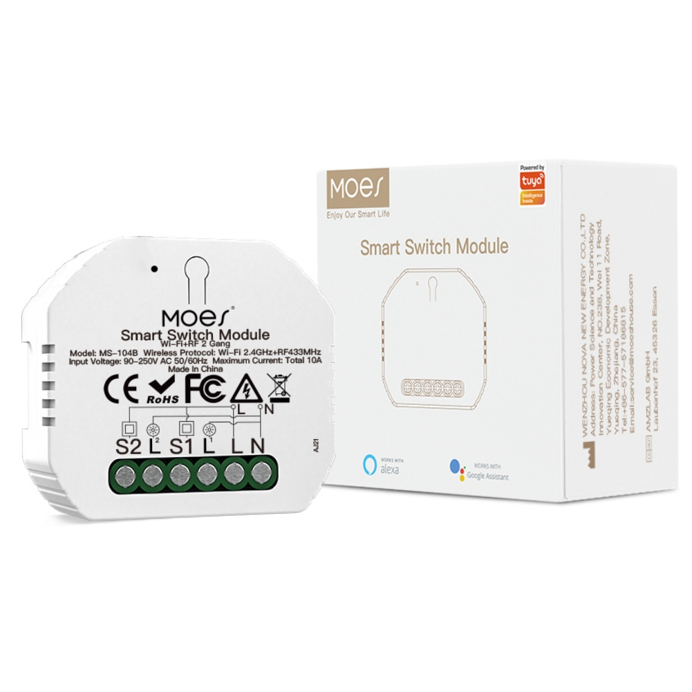 Przekaźnik dopuszkowy podwójny Wi-Fi + RF Moes MS-104B TUYA 3 Przekaźnik dopuszkowy podwójny Wi-Fi + RF Moes MS-104B TUYA 3