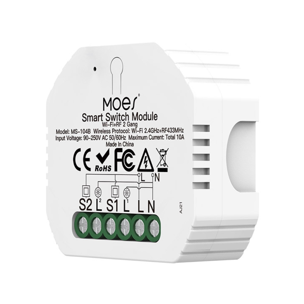Przekaźnik dopuszkowy podwójny Wi-Fi + RF Moes MS-104B TUYA 2 Przekaźnik dopuszkowy podwójny Wi-Fi + RF Moes MS-104B TUYA