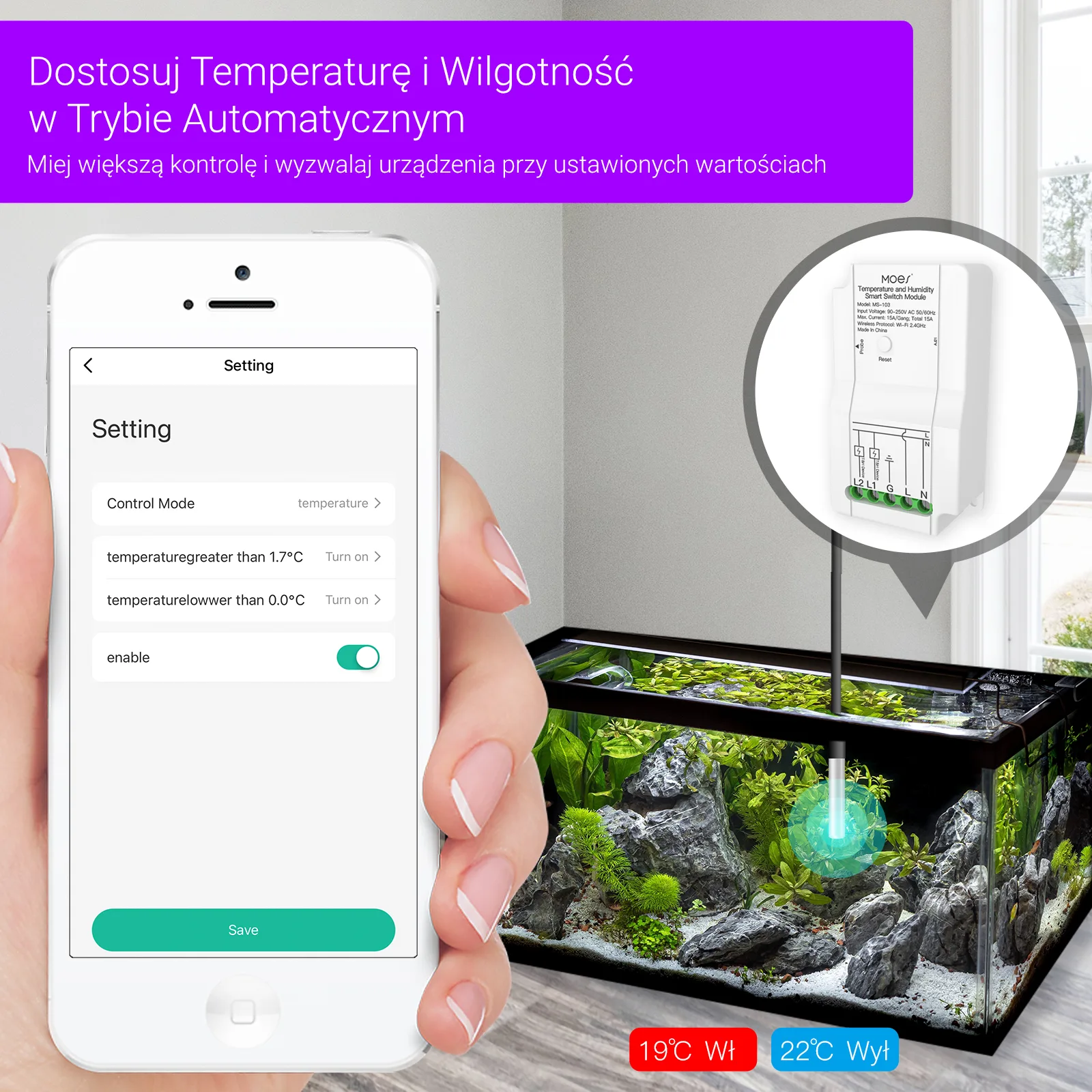 Przekaźnik z czujnikiem temperatury Wi-Fi Moes MS-103-WP Tuya 2