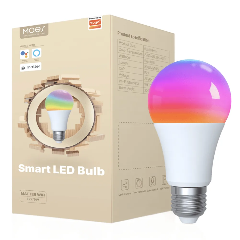 Inteligentna Żarówka Matter RGB LED E27  Moes MWB-TDA9-RCW-E27 TUYA 1