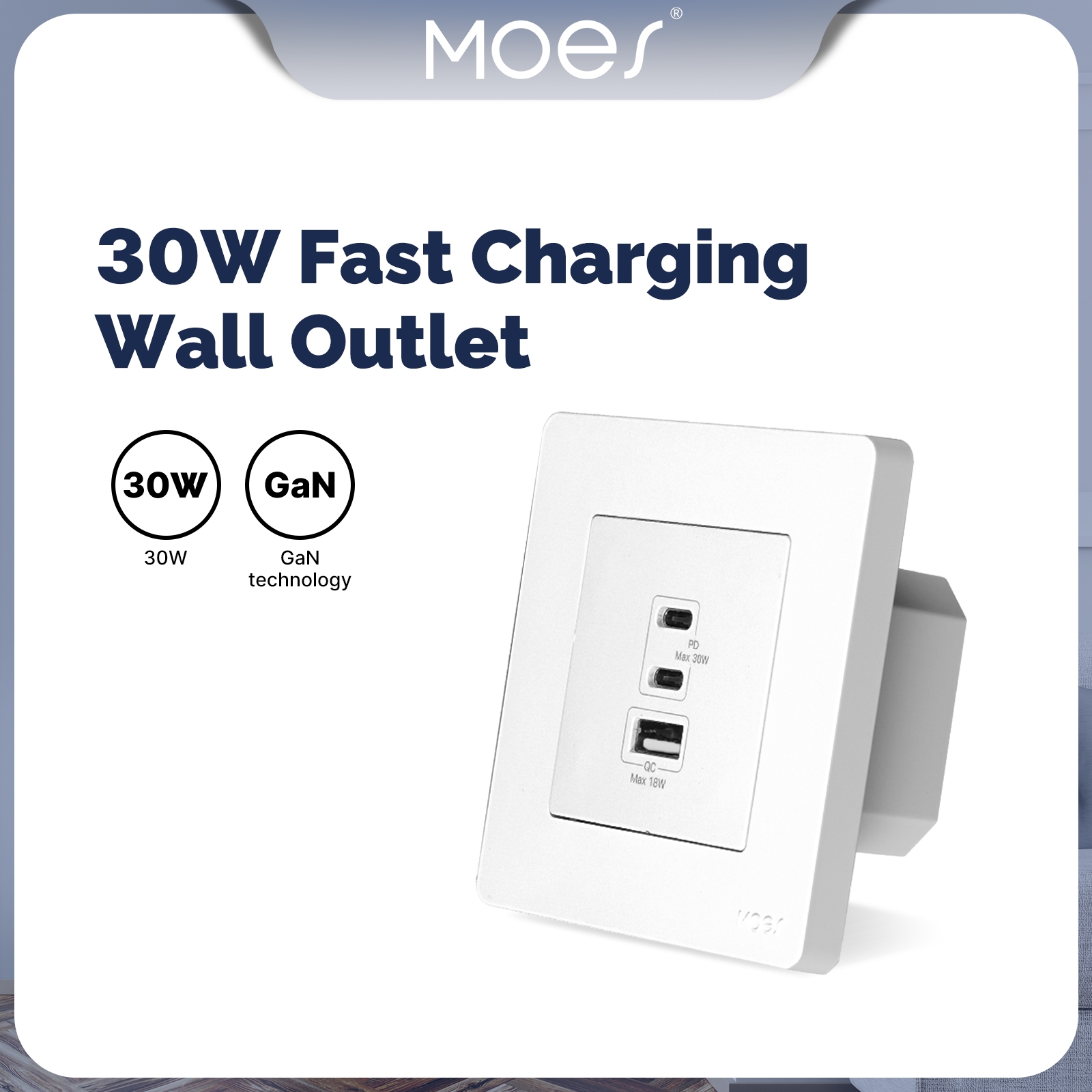 Gniazdko ścienne z ładowarką GaN, Moes TK-SR-EU-2C1A-30 Star Ring 30W PD 3.0 3 porty USB (2× USB-... 2 Gniazdko ścienne z ładowarką GaN, Moes TK-SR-EU-2C1A-30 Star Ring 30W PD 3.0 3 porty USB (2× USB-... 2