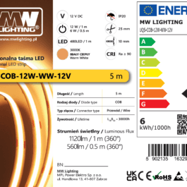 Taśma LED  COB 12W 480 chips/m CRI >90 12V biala ciepla 3000K IP20 5m
