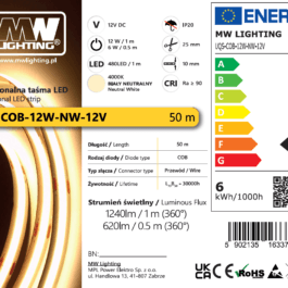 Taśma LED  COB 12W 480 chips/m CRI >90 12V biala neutralna 4000K IP20 50m