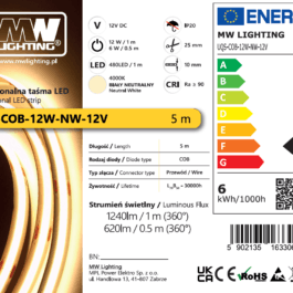 Taśma LED  COB 12W 480 chips/m CRI >90 12V biala neutralna 4000K IP20 5m