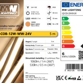 Taśma LED  COB 12W 480 chips/m CRI >90 24V biala ciepla 3000K IP20 5m