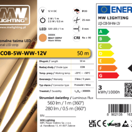 Taśma LED  COB 5W 320 chips/m CRI >90 12V biala ciepła 3000K IP20 50m