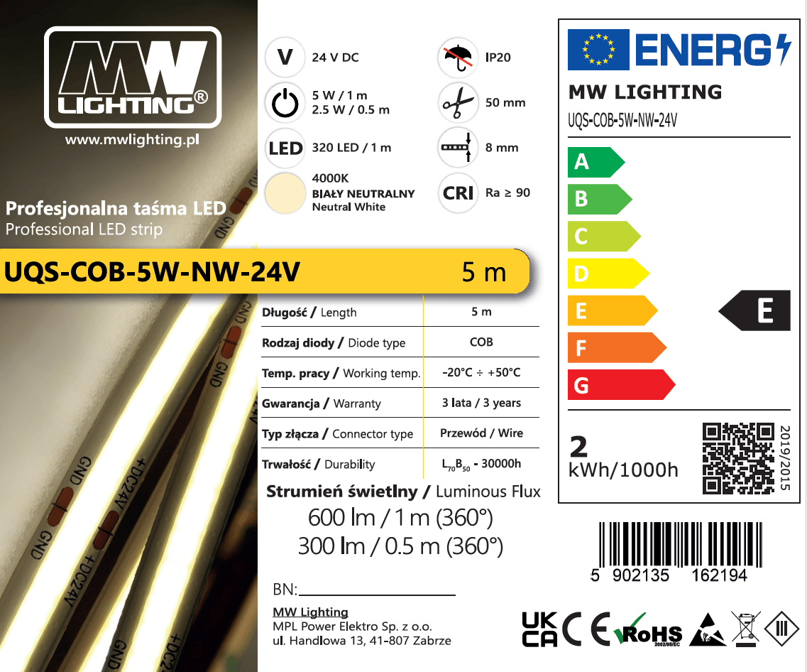 Taśma LED COB 5W 320 chips/m CRI >90 24V biala neutralna 4000K IP20 5m 2 Taśma LED COB 5W 320 chips/m CRI >90 24V biala neutralna 4000K IP20 5m 2