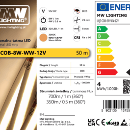 Taśma LED  COB 8W 320 chips/m CRI >90 12V biala ciepla 3000K IP20 50m