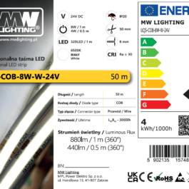Taśma LED  COB 8W 320 chips/m CRI >90 24V biala 6500K IP20 50m