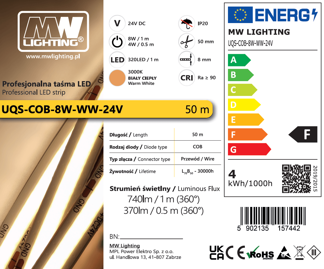 Taśma LED COB 8W 320 chips/m CRI >90 24V biala ciepla 3000K IP20 50m 3 Taśma LED COB 8W 320 chips/m CRI >90 24V biala ciepla 3000K IP20 50m 3