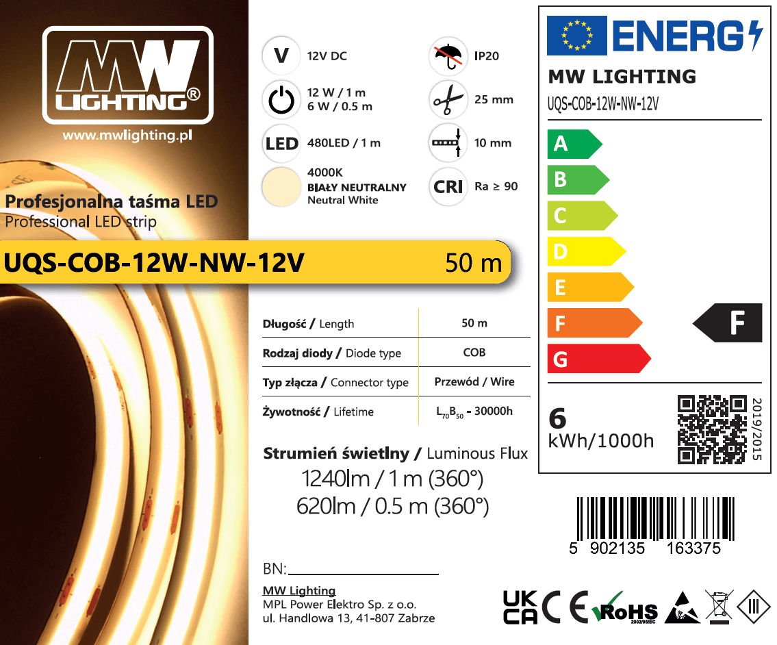 Taśma LED  COB 12W 480 chips/m CRI >90 12V biala neutralna 4000K IP20 50m