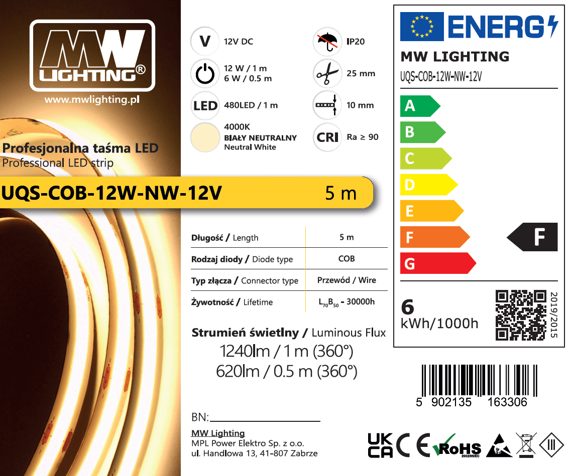Taśma LED  COB 12W 480 chips/m CRI >90 12V biala neutralna 4000K IP20 5m