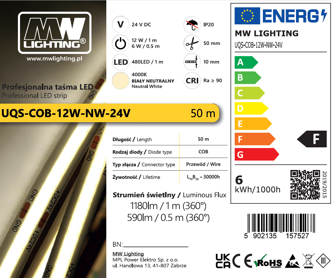 Taśma LED COB 12W 480 chips/m CRI >90 24V biala neutralna 4000K IP20 50m 3 Taśma LED COB 12W 480 chips/m CRI >90 24V biala neutralna 4000K IP20 50m
