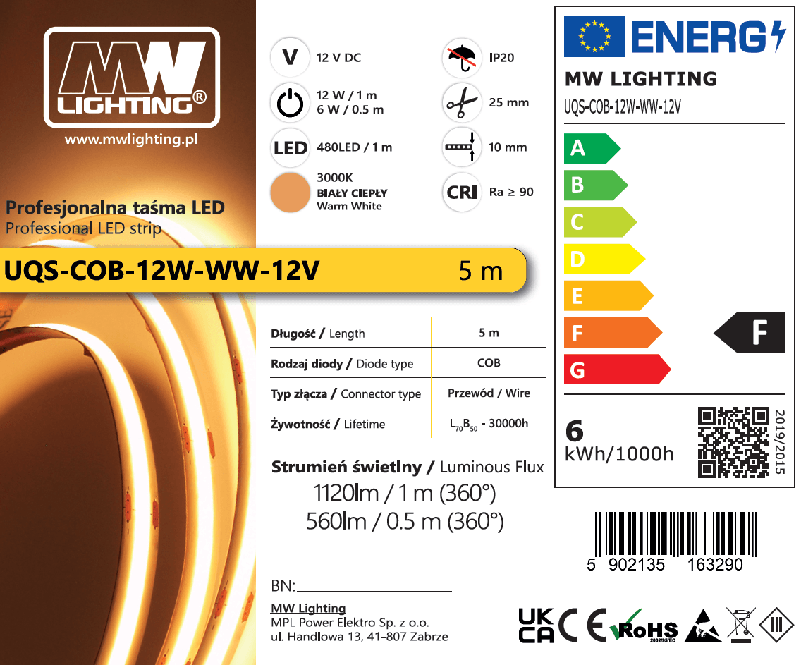 Taśma LED  COB 12W 480 chips/m CRI >90 12V biala ciepla 3000K IP20 5m