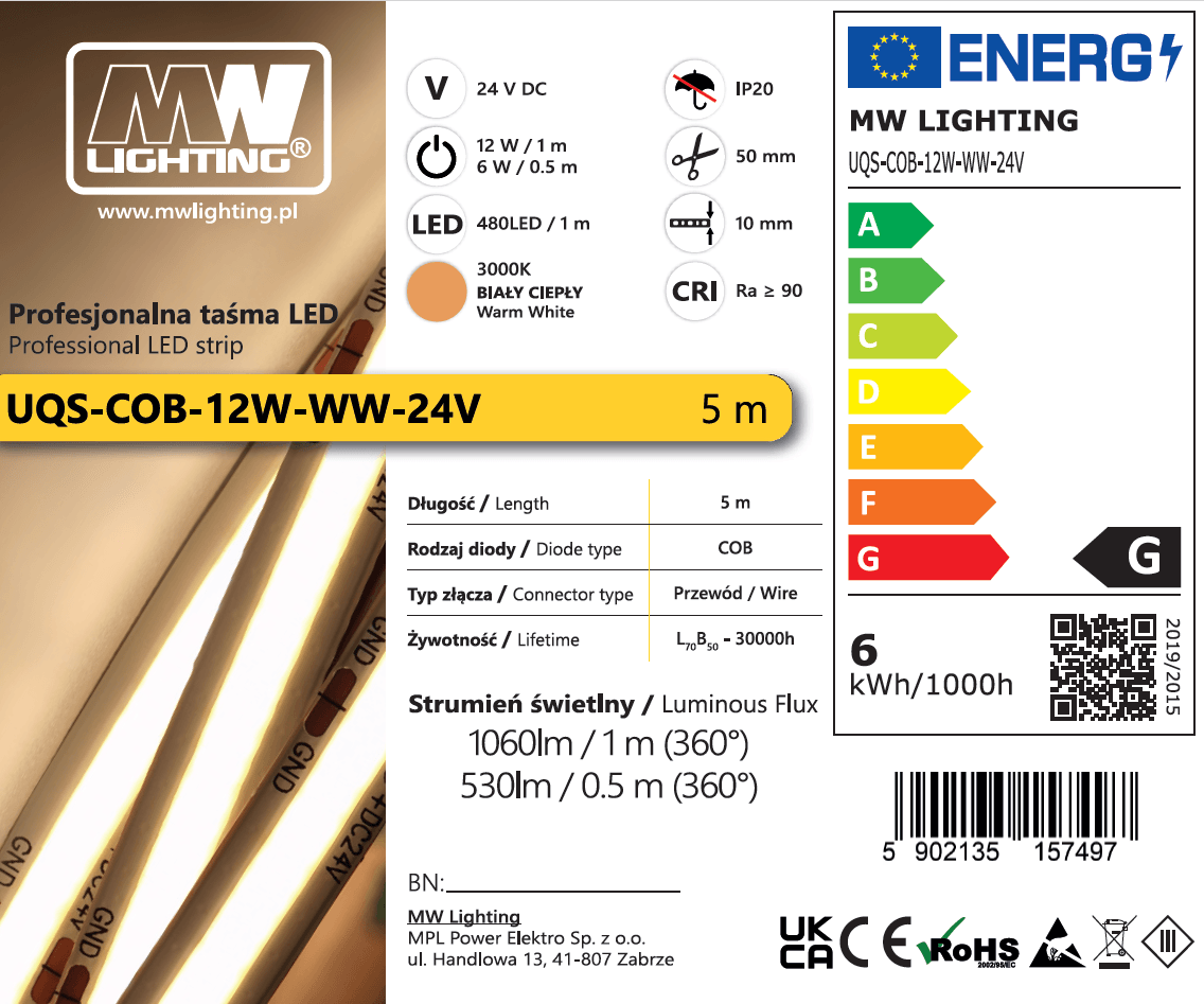 Taśma LED  COB 12W 480 chips/m CRI >90 24V biala ciepla 3000K IP20 5m