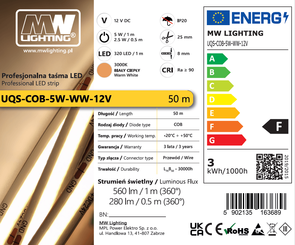 Taśma LED COB 5W 320 chips/m CRI >90 12V biala ciepła 3000K IP20 50m 2 Taśma LED COB 5W 320 chips/m CRI >90 12V biala ciepła 3000K IP20 50m