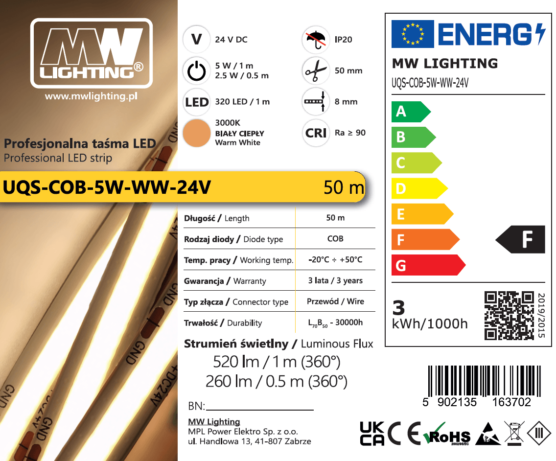 Taśma LED  COB 5W 320 chips/m CRI >90 24V biala ciepła 3000K IP20 50m