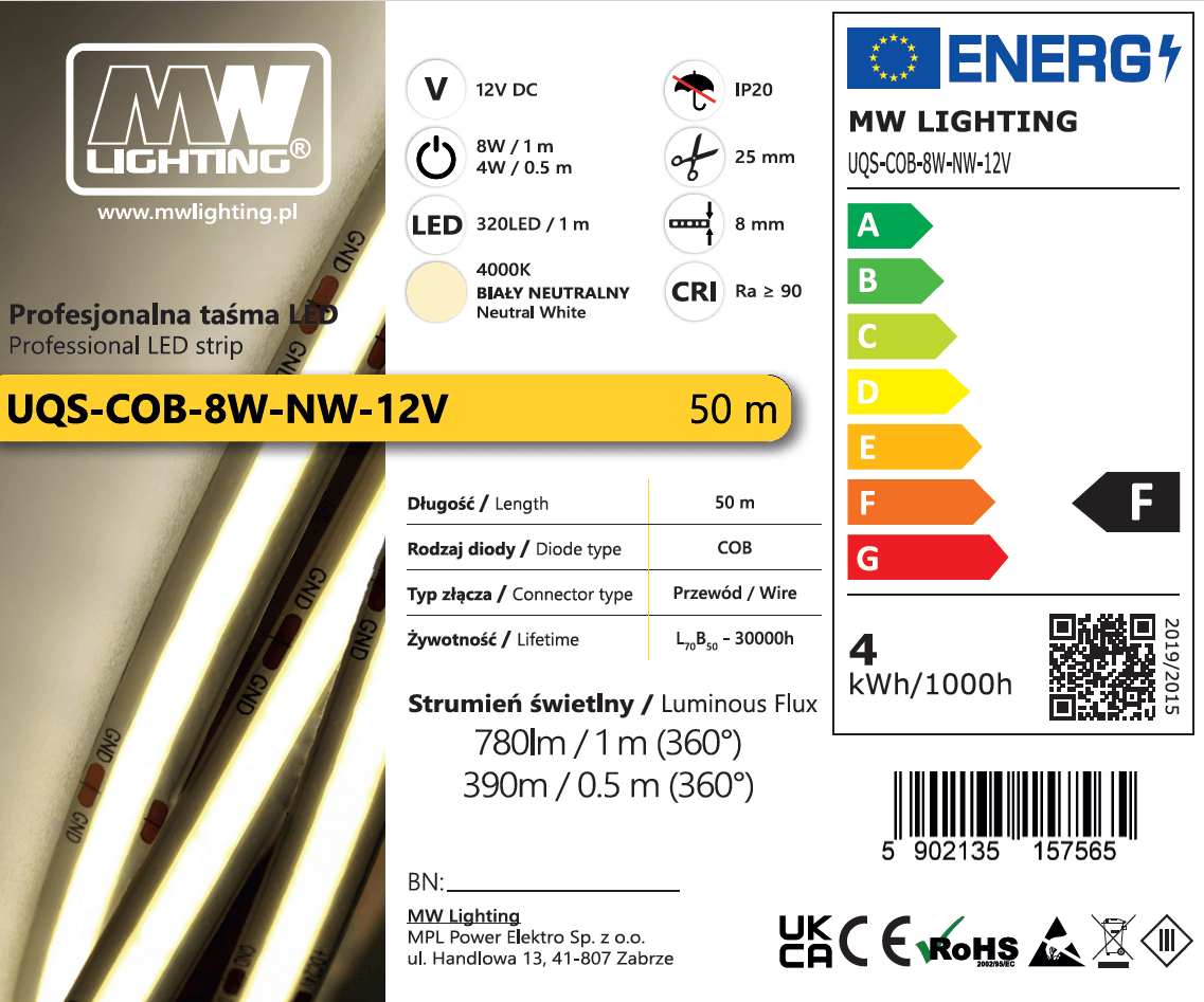 Taśma LED COB 8W 320 chips/m CRI >90 12V biala neutralna 4000K IP20 50m 3 Taśma LED COB 8W 320 chips/m CRI >90 12V biala neutralna 4000K IP20 50m