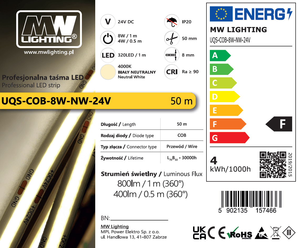 Taśma LED  COB 8W 320 chips/m CRI >90 24V biala neutralna 4000K IP20 50m