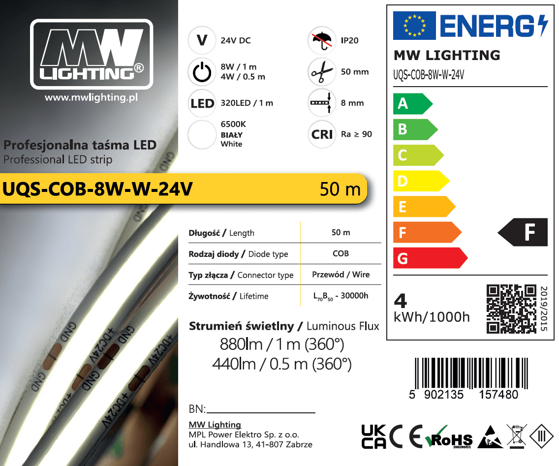 Taśma LED  COB 8W 320 chips/m CRI >90 24V biala 6500K IP20 50m