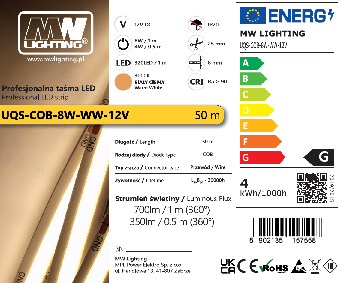 Taśma LED  COB 8W 320 chips/m CRI >90 12V biala ciepla 3000K IP20 50m