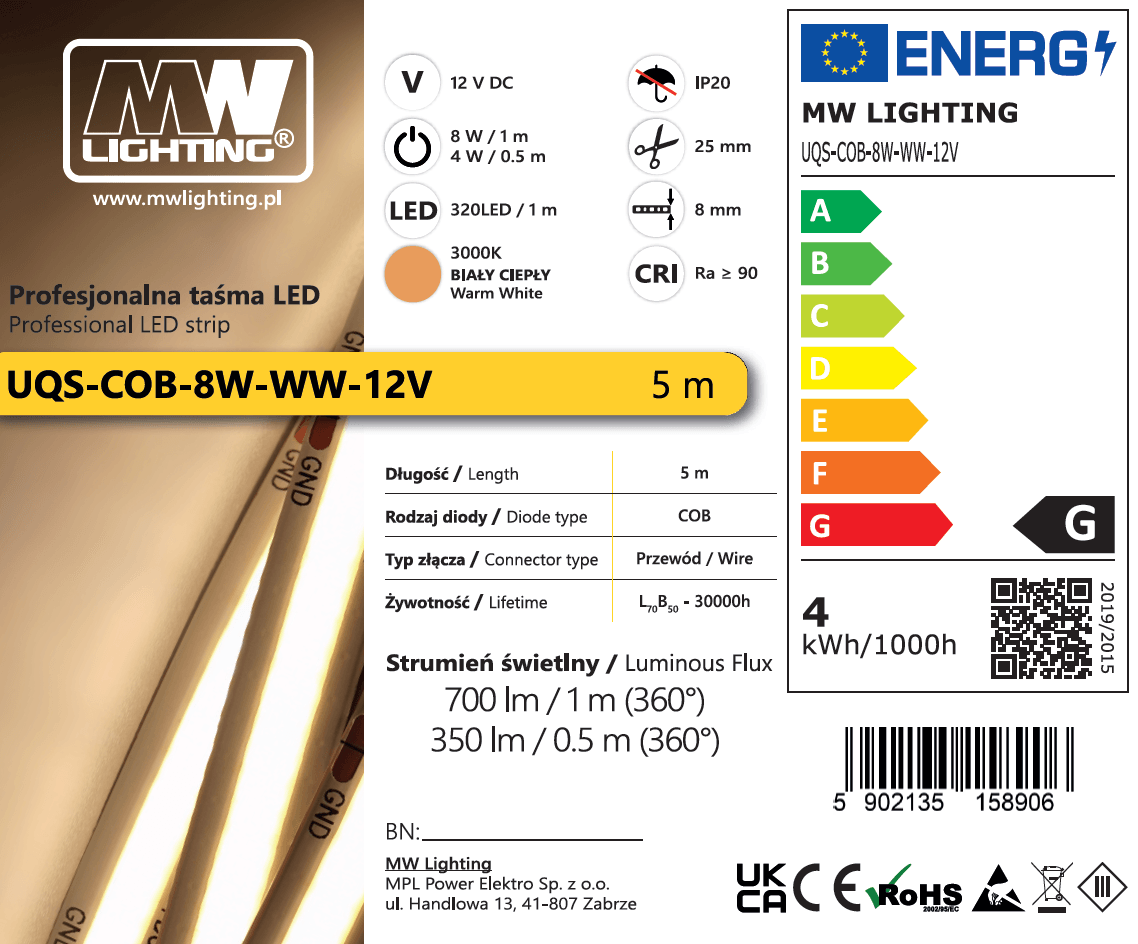 Taśma LED  COB 8W 320 chips/m CRI >90 12V biala ciepla 3000K IP205m