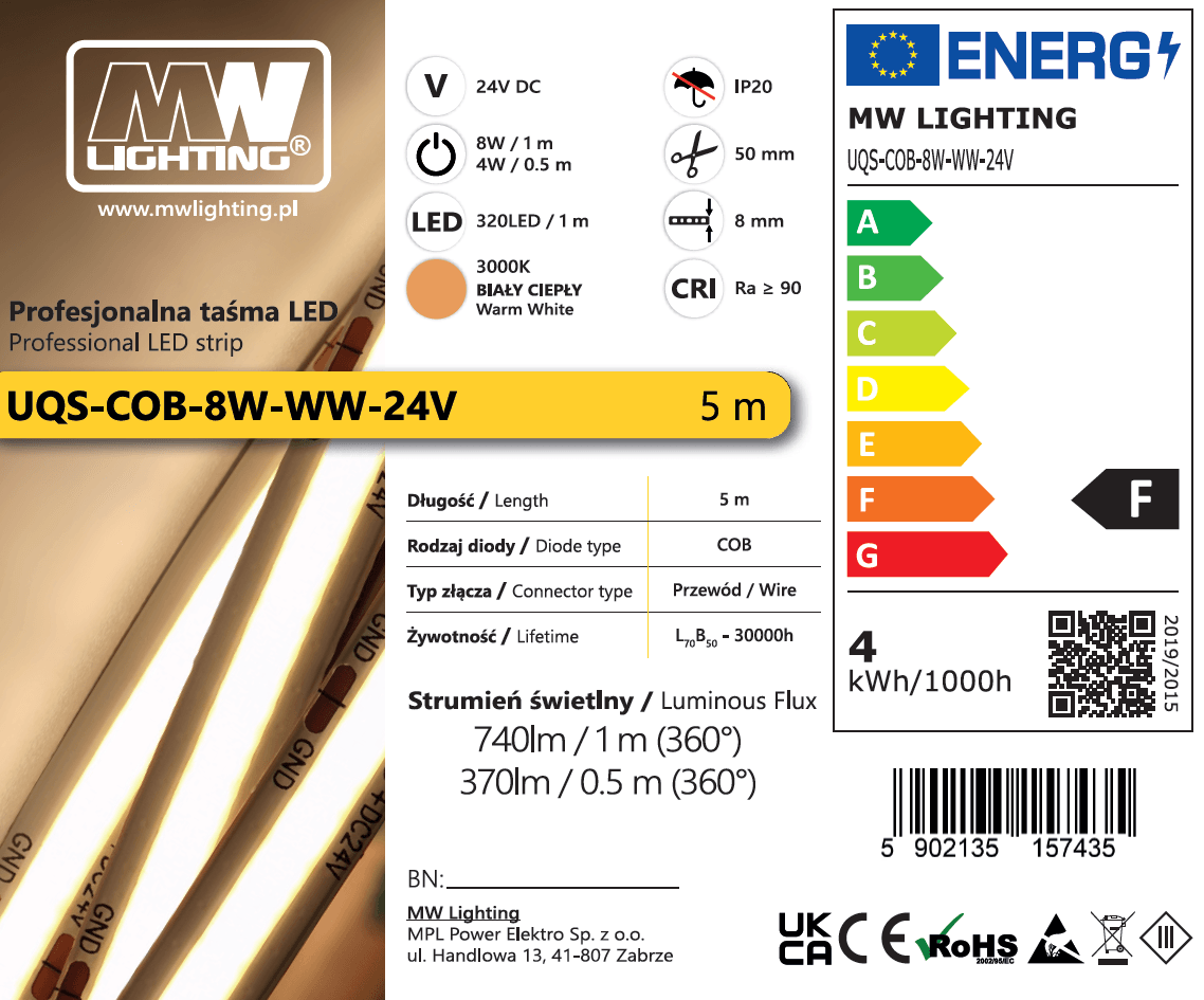 Taśma LED COB 8W 320 chips/m CRI >90 24V biala ciepla 3000K IP20 5m 3 Taśma LED COB 8W 320 chips/m CRI >90 24V biala ciepla 3000K IP20 5m